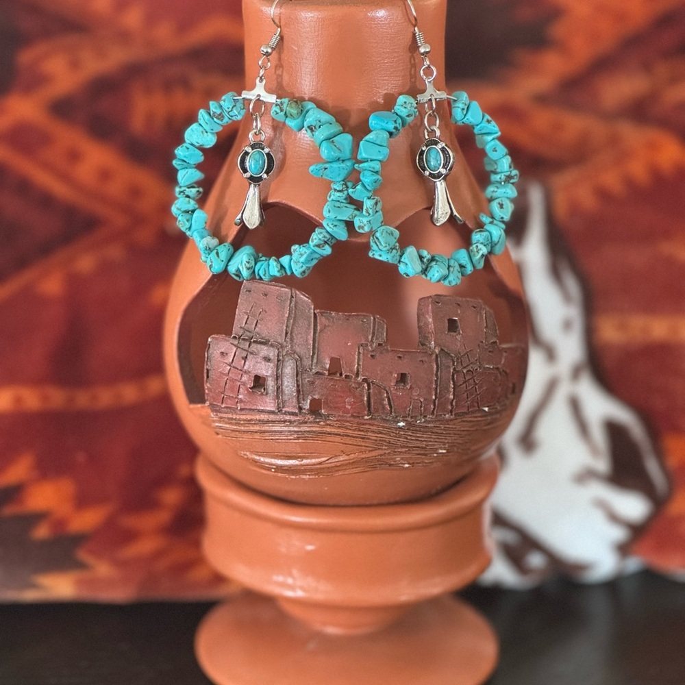 Turquoise and Silver Hoop Earrings with Intricate Design